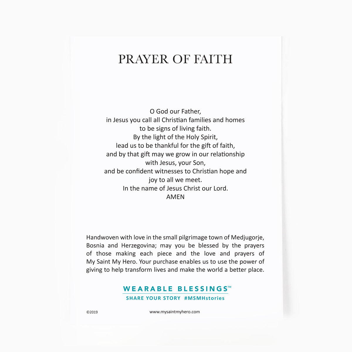 the back of the Filled by Faith Bracelet card with a Prayer of Faith
