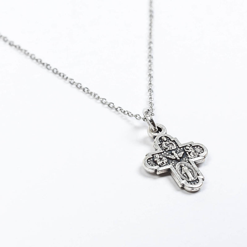 Vintage inspired Heavenly Blessings Necklace featuring the traditional Catholic Four Way Cross Medal