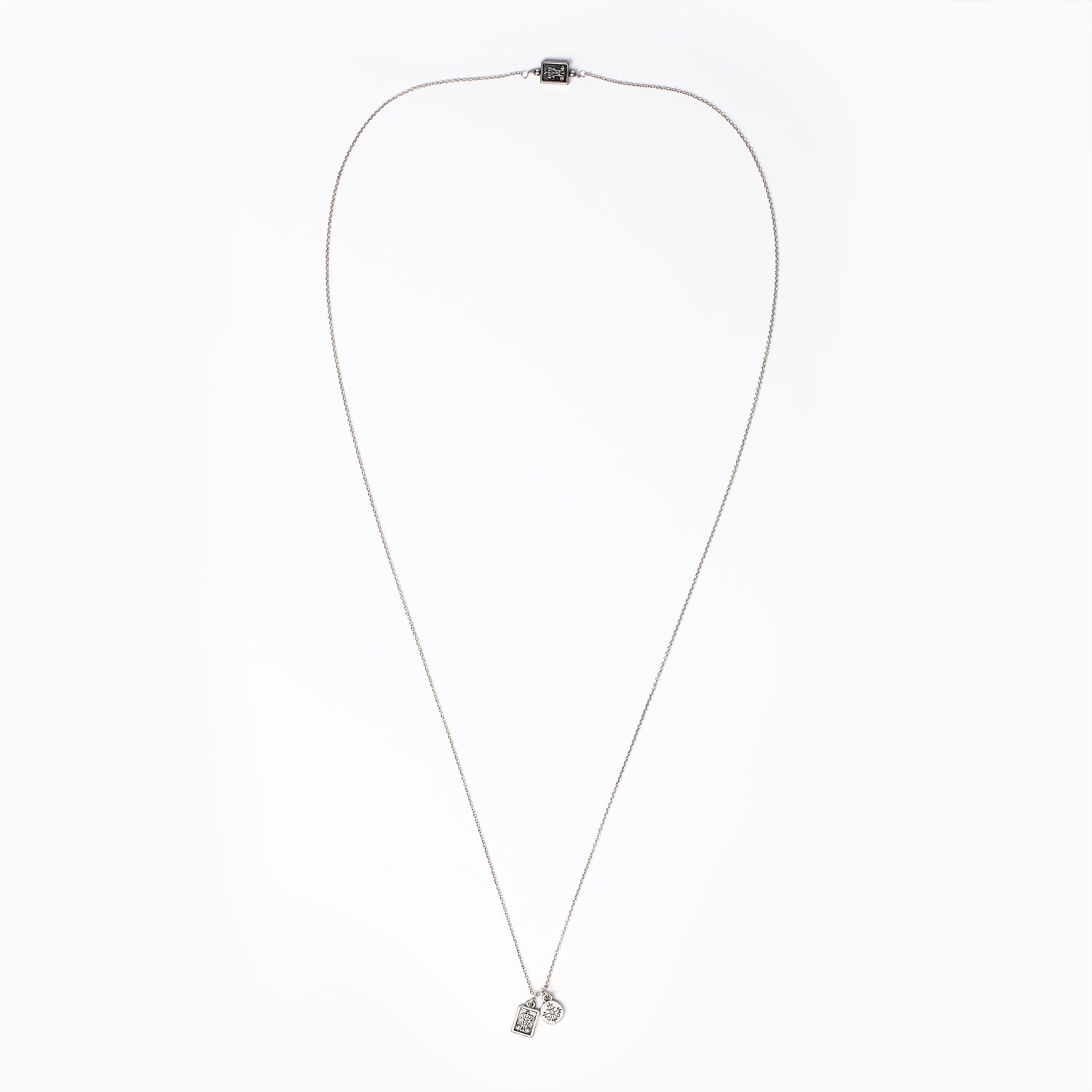 Overhead of My Saint My Hero Scapular Necklace in Silver Tone