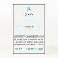 God is Greater Ring on inspirational card