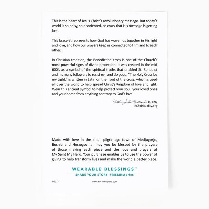 the back of the Gratitude Gifting card with an inspirational message about the Benedictine Medal from a priest