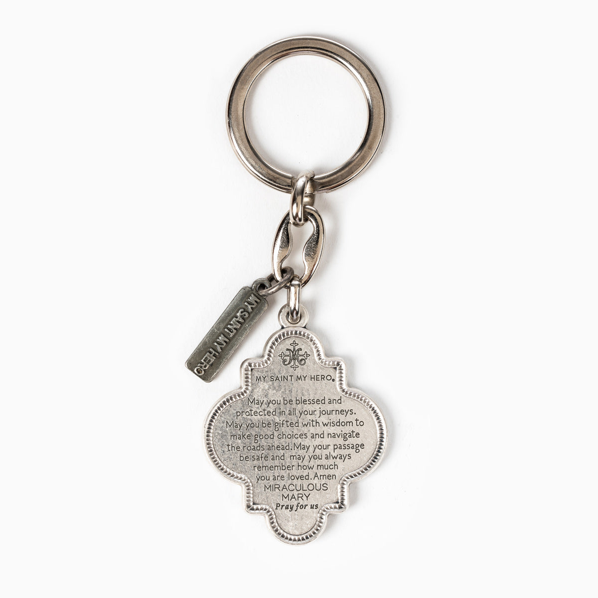 Blessed Mother Mary Silver Key Ring with Blessing for Drivers Prayer - Catholic Gift