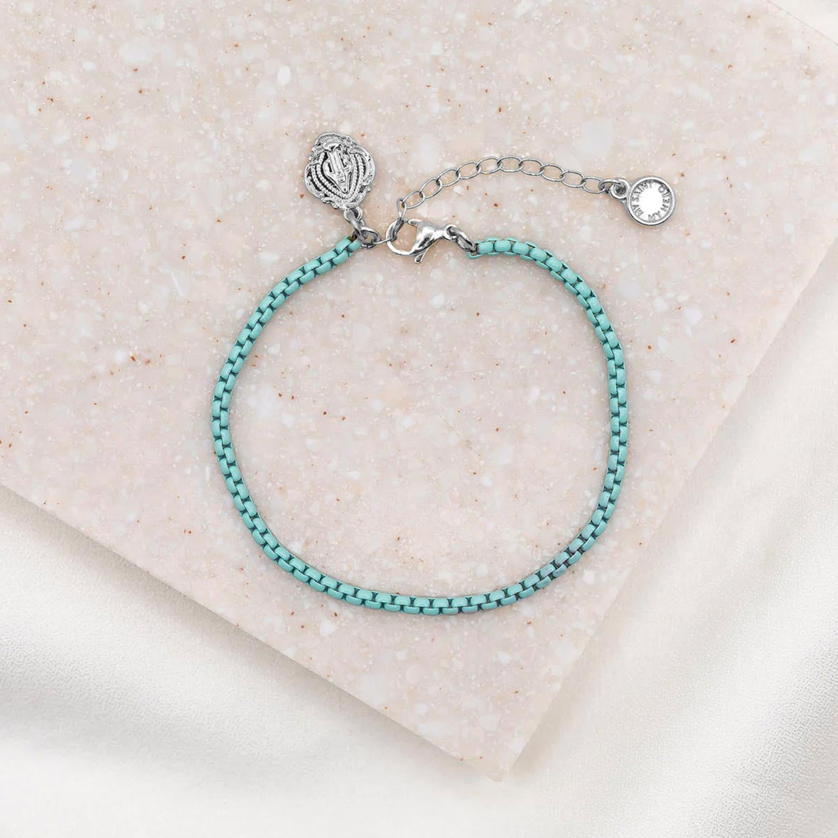 Marian Consecration Blue chain bracelet with silver tone Miraculous Mary Charm and two inch extender with My Saint My Hero logo bug charm