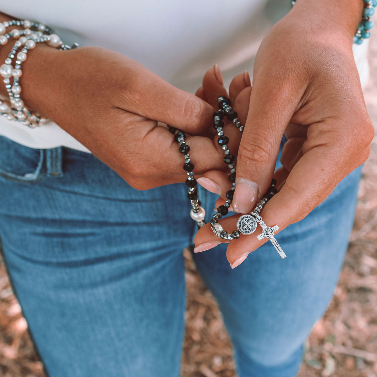 Pearl & Black Crystal Wrap Rosary Bracelet