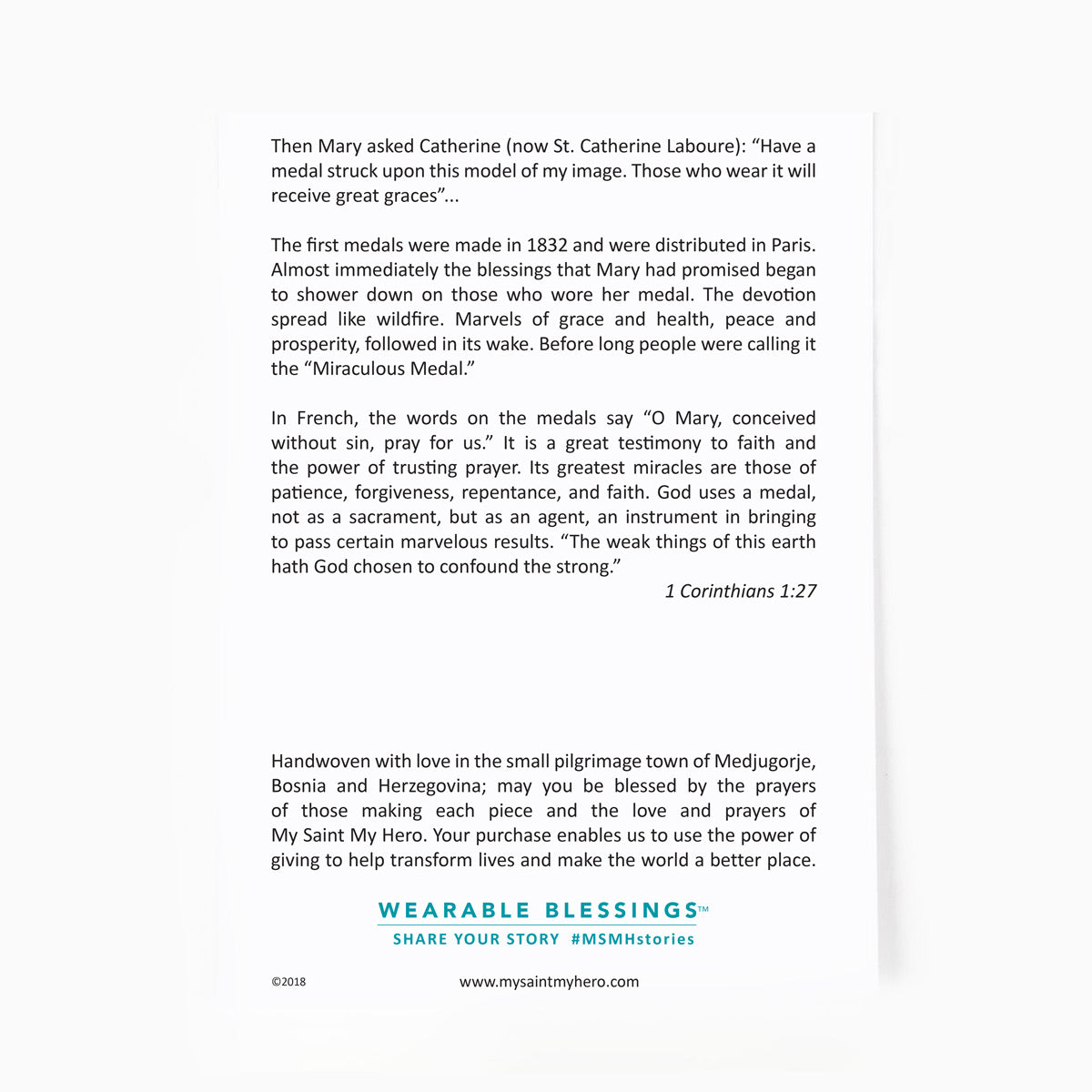 the back of the Miraculous Blessing Bracelet card with the story of the Miraculous Medal and 1 Corinthians 1:27 Bible Verse