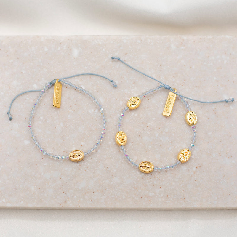 Mother Daughter Bracelet Set clear crystal beads and gold tone Mary Medals