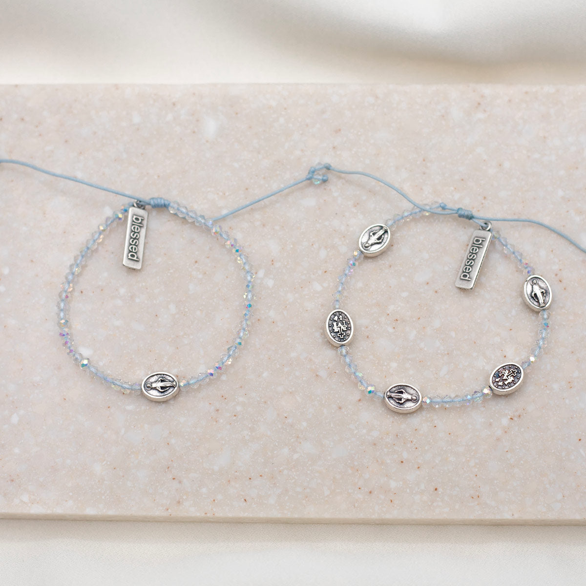 Mother Daughter Blessing Bracelets crystal beads and blue cording with silver tone Miraculous Mary medals