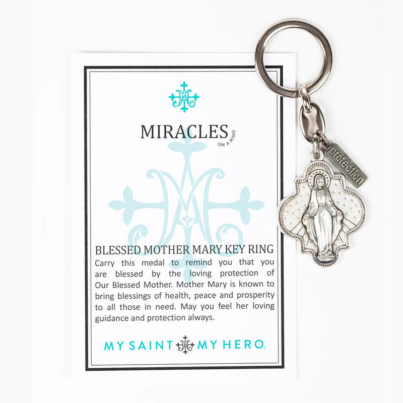 Blessed Mother Mary Key Ring Inspirational Card - "Carry this medal to remind you that you are blessed by the loving protection of Our Blessed Mother. Mother Mary is known to bring blessings of health, peace and prosperity to all those in need. May you feel her loving guidance and protection always."