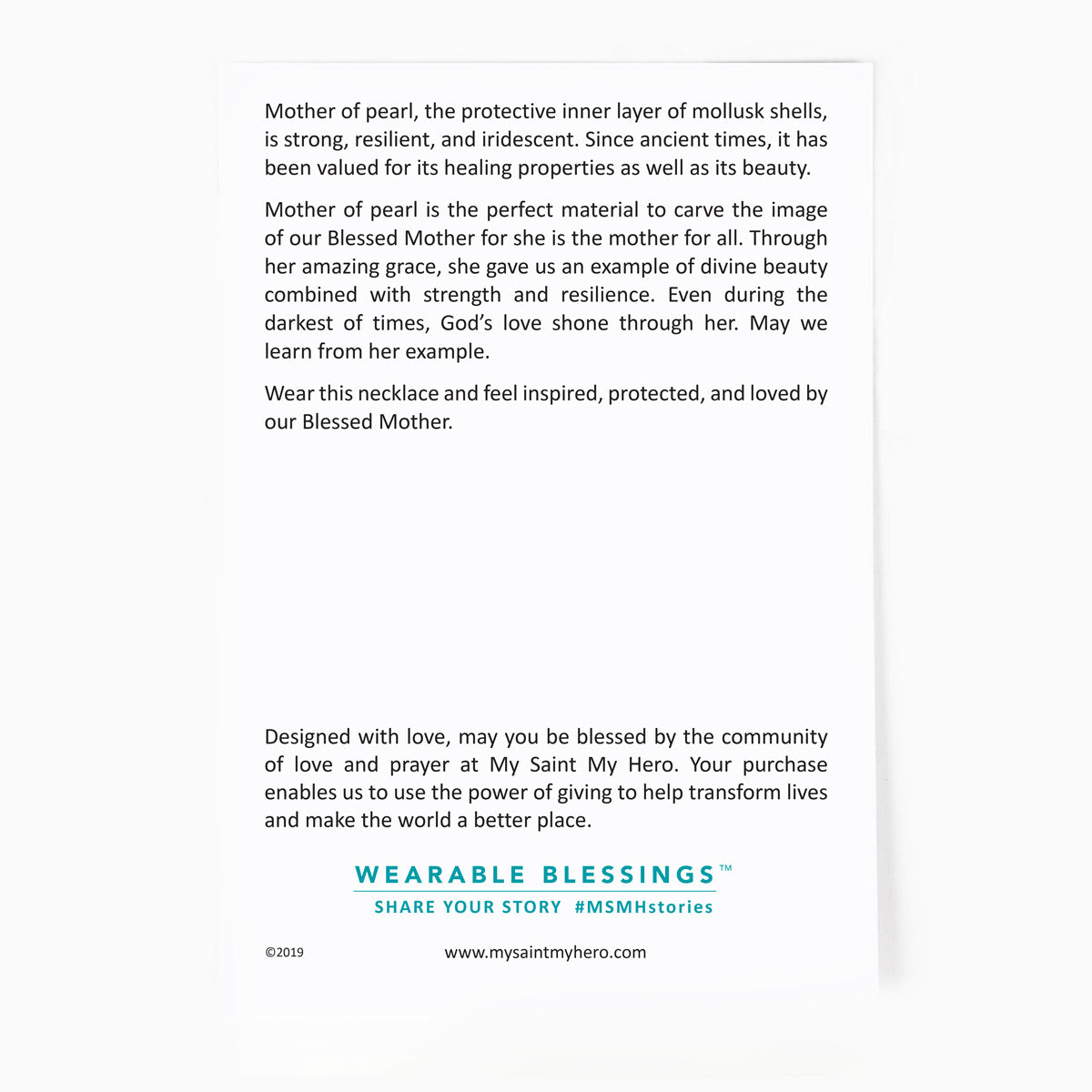 The back of the Mother of Pearl Inspirational card with a brief history of the spiritual meaning of mother of pearl