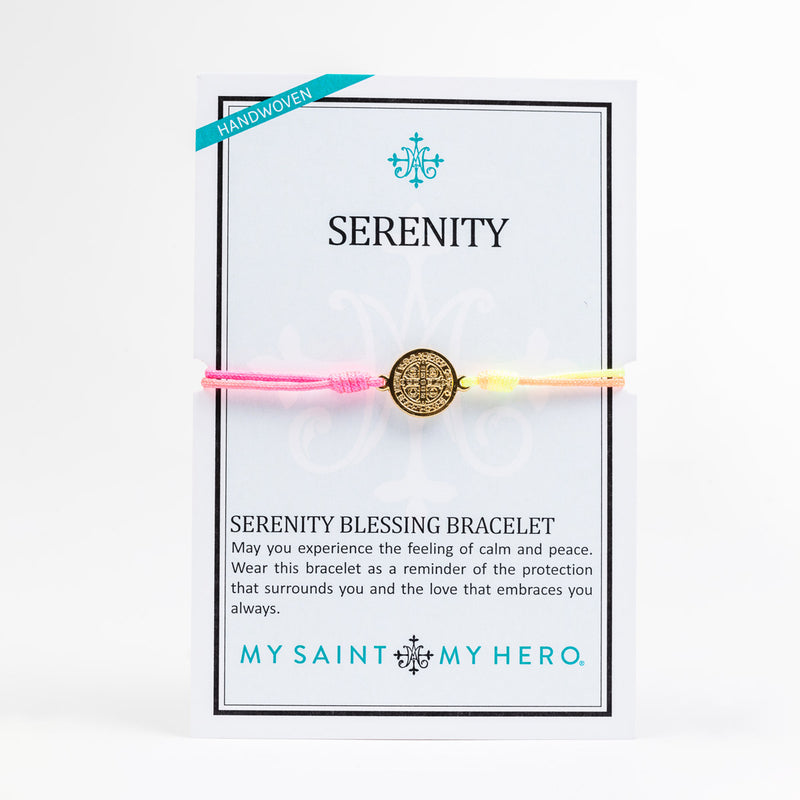 New Day Serenity Bracelet with rainbow cording and gold tone medal on inspirational card