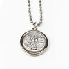 Archangel Michael Double sided medal, silver tone, on chain, close up