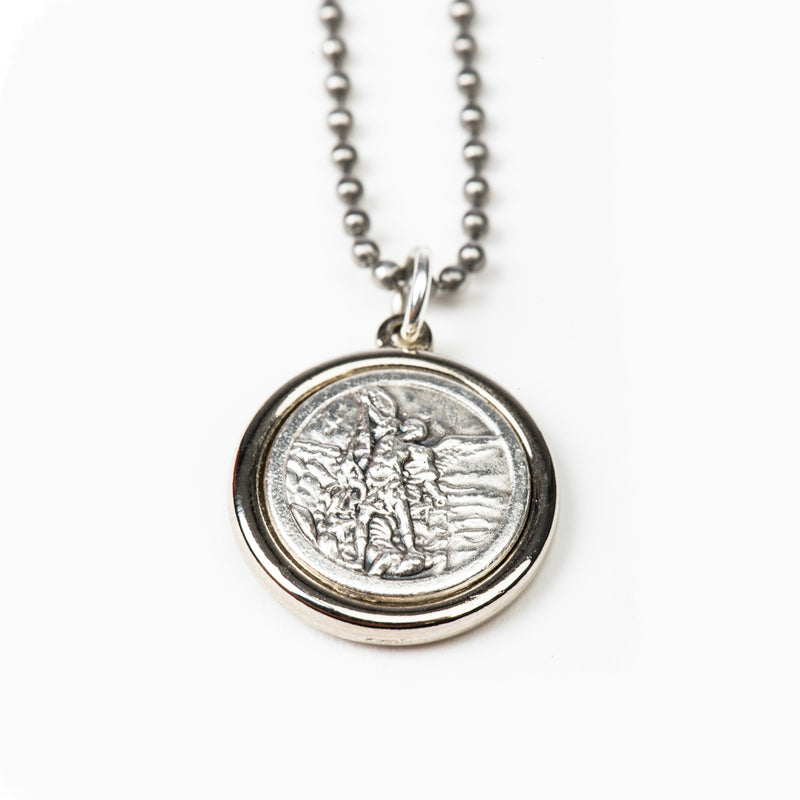 Archangel Michael Double sided medal, silver tone, on chain, close up