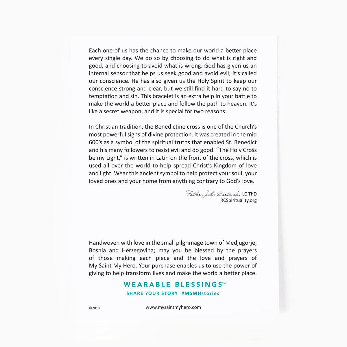 the back of the One Blessing for him card with wording about the benedictine medal by Father John Barunek, LC ThD