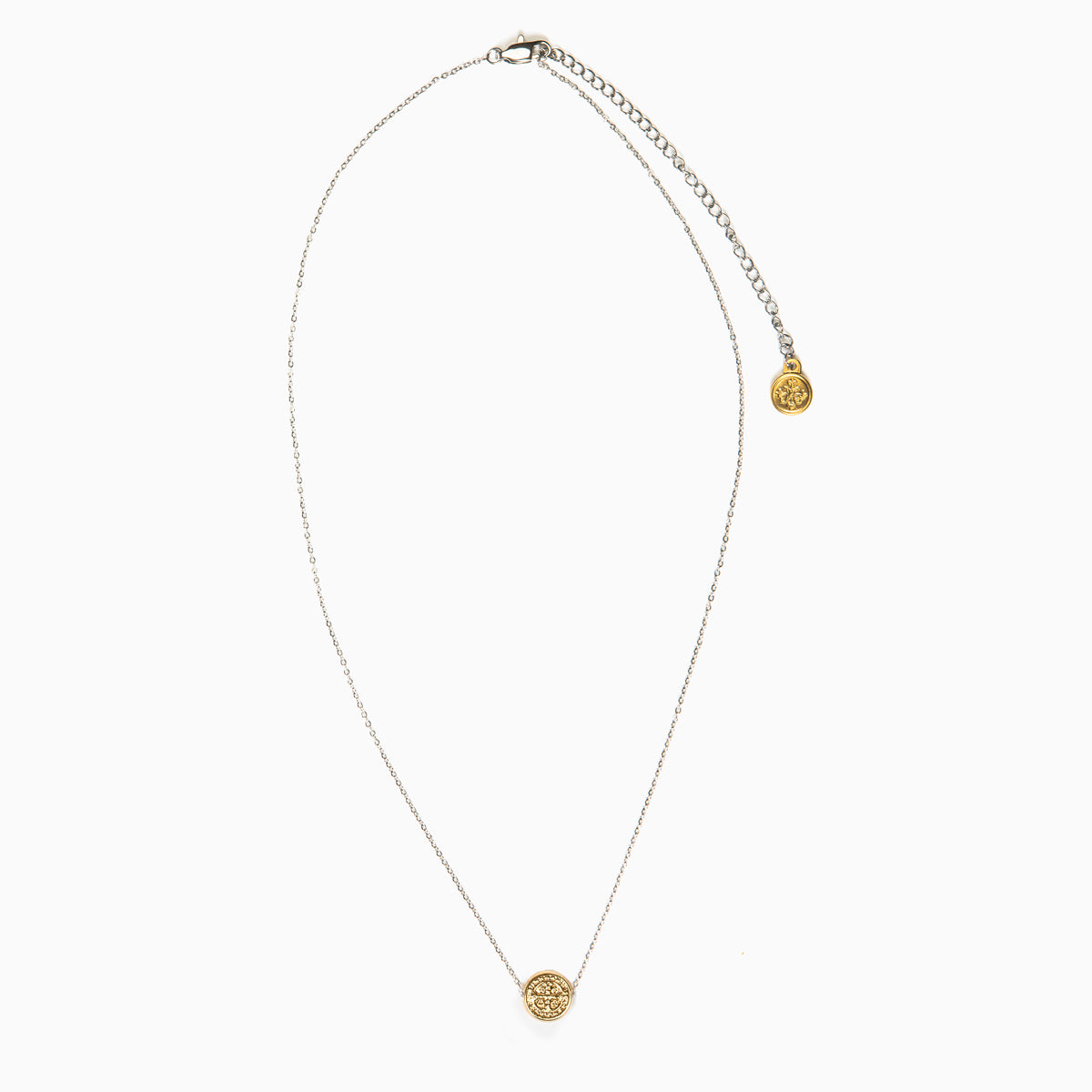Over Head of the Benedictine Petite Necklace in Gold Tone with Silver Chain