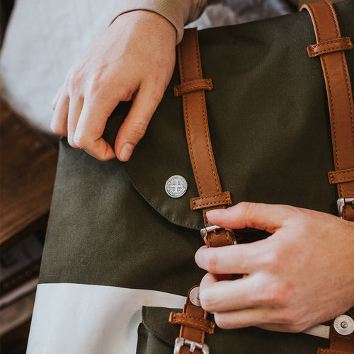 Benedictine Cross Armor of Protection Pocket Pin on Green Denim and leather Backpack