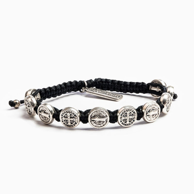 Benedictine Blessing Bracelet for Him with Saint Benedict silver medals of protection and black woven cording