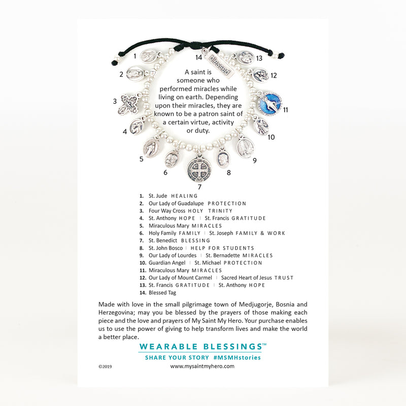 The back of the Glory Saints and Angels Charm Bracelet inspirational card with an explanation of each medal name and placement on the bracelet 