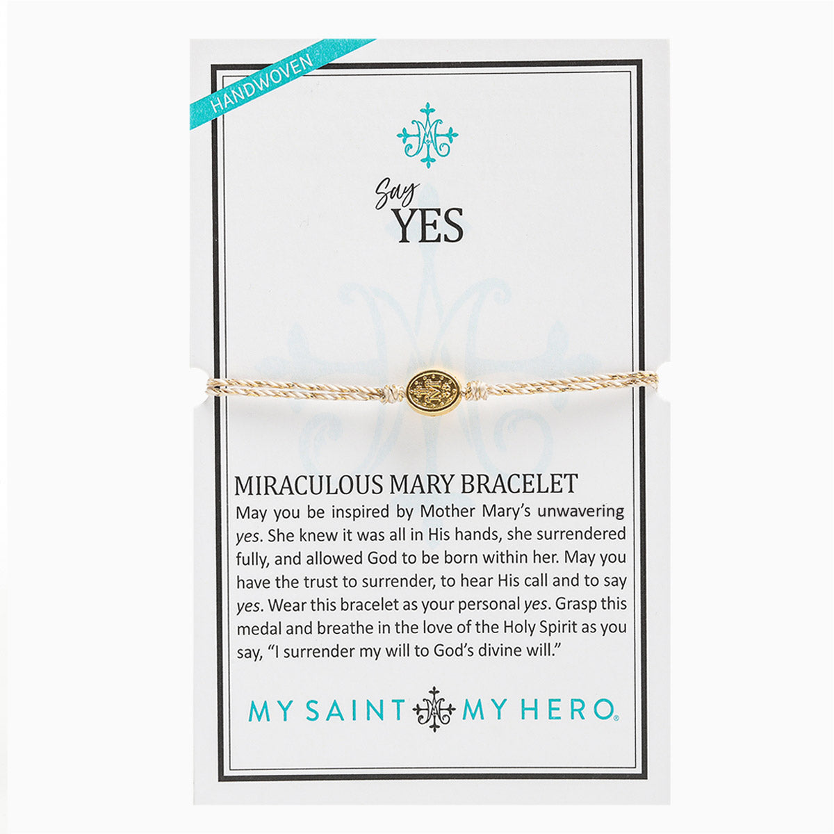 front of the Say Yes Miraculous Mary Bracelet product card with a gold metallic bracelet on it