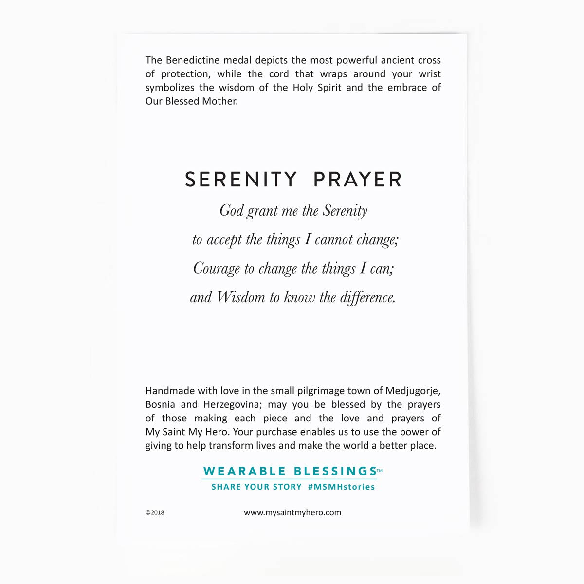 Back of the Serenity Blessing Bracelet Product Card with the Serenity Prayer