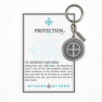 St. Benedict Key Ring and product card. Italian-made St. Benedict key ring for car protection.
