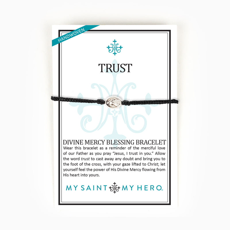 Divine Mercy Blessing Bracelet on an Inspirational Card black cording silver medal