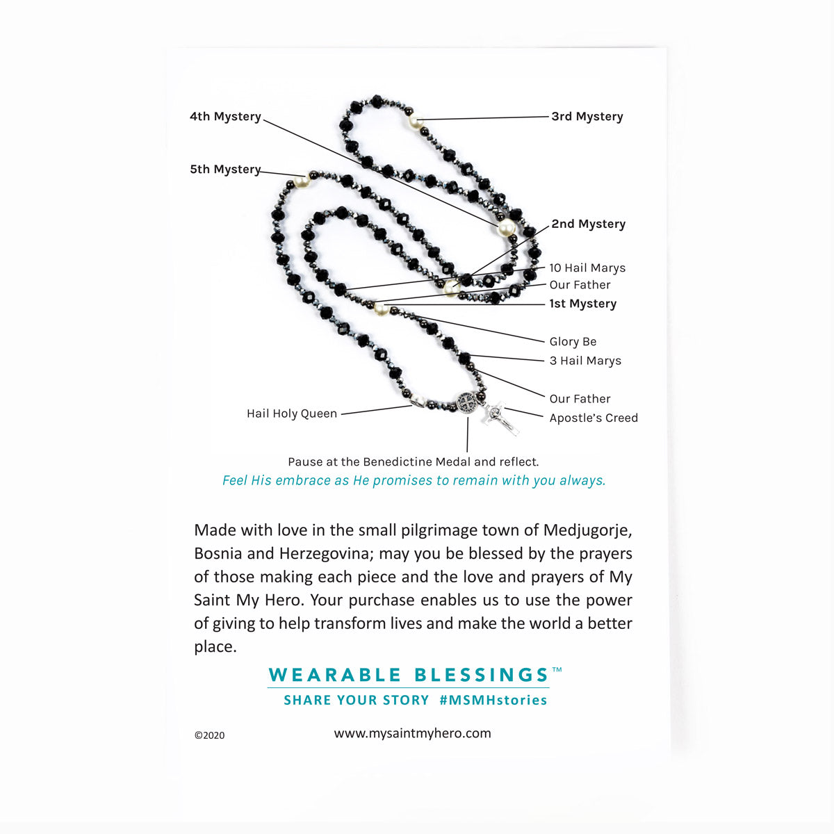 Rosary Wrap Bracelet product card back with instructions on how to pray the Rosary on the Rosary Wrap. 